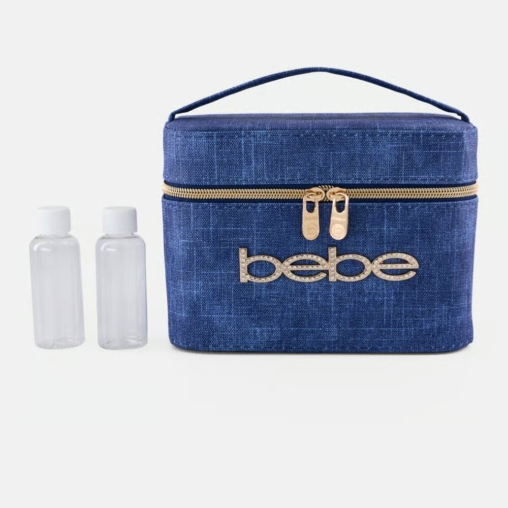 Brand New with Tags BEBE denim beauty Travel Case Cosmetic with 2 bottles